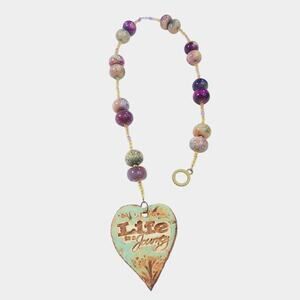 Artisan Ceramic Heart Beaded Suncatcher Life is a Journey Crackled Glass NEW